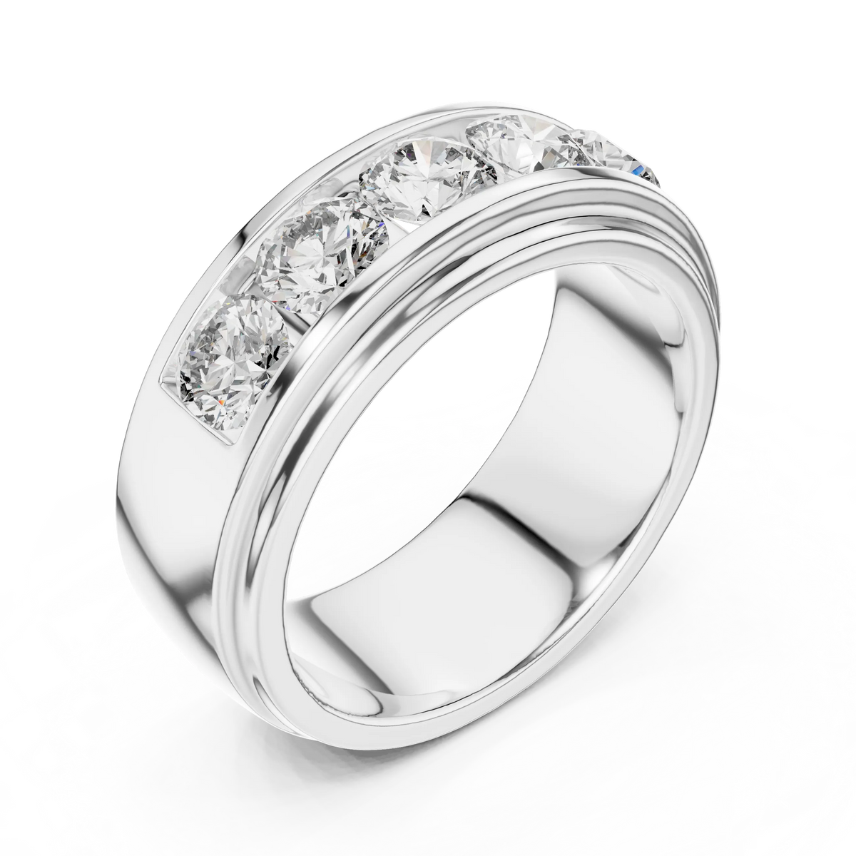 Five Stone Channel Set Moissanite Wide Band in white 925 sterling silver, view 2
