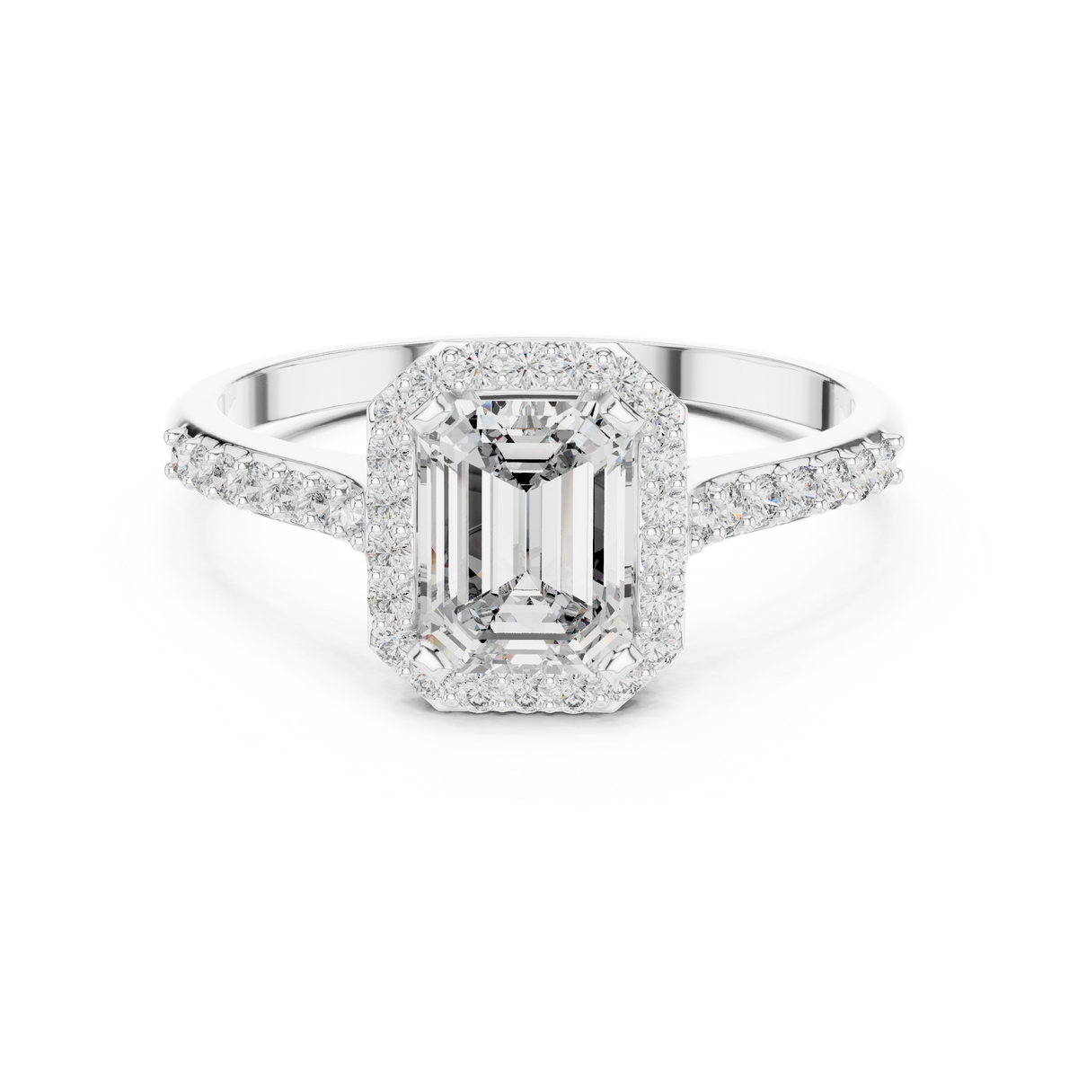 Emerald Cut Halo Moissanite Ring with Pavé Shoulders in white 925 sterling silver, view 4