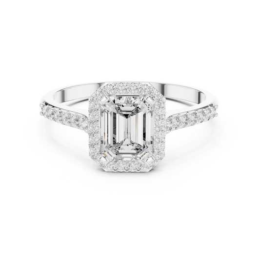 Emerald Cut Halo Moissanite Ring with Pavé Shoulders in white 925 sterling silver, view 4