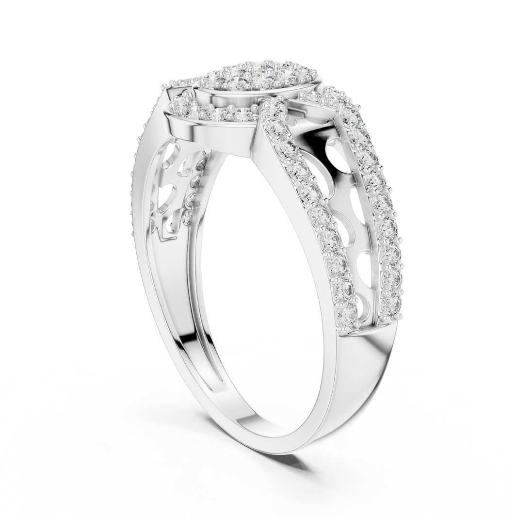 Oval Cluster Halo Moissanite Ring with Split Pavé Shank in white 925 sterling silver, view 1
