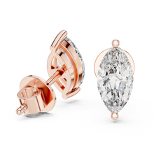 Marquise moissanite stud earrings in rose 925 sterling silver, two-prong basket, view 1