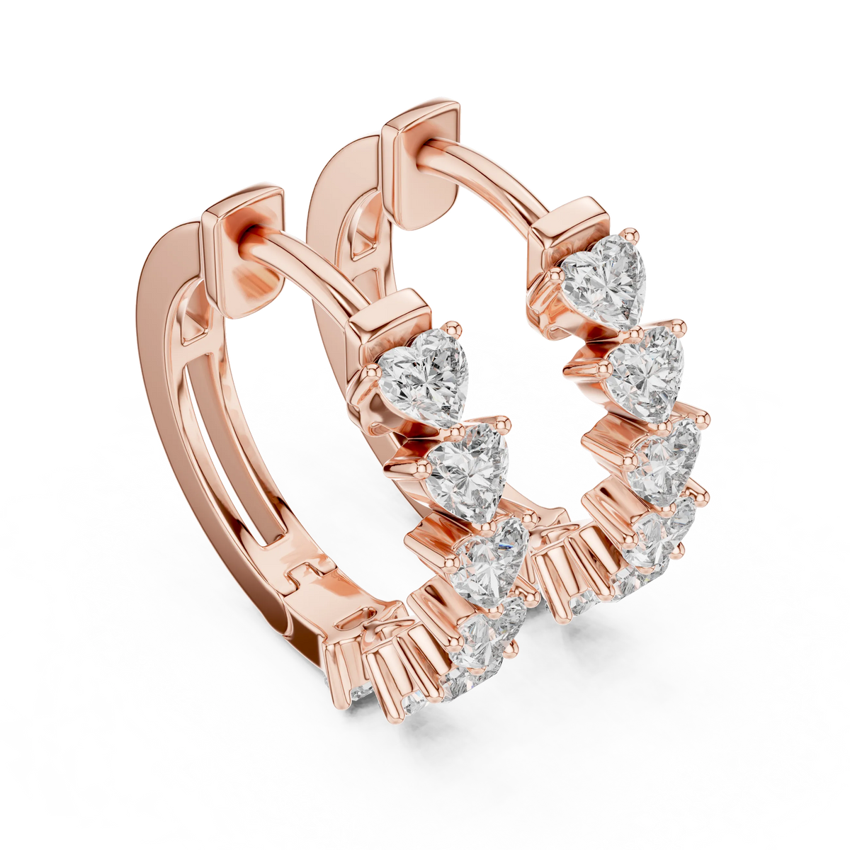 Heart moissanite huggie hoop earrings in rose 925 sterling silver, view 2