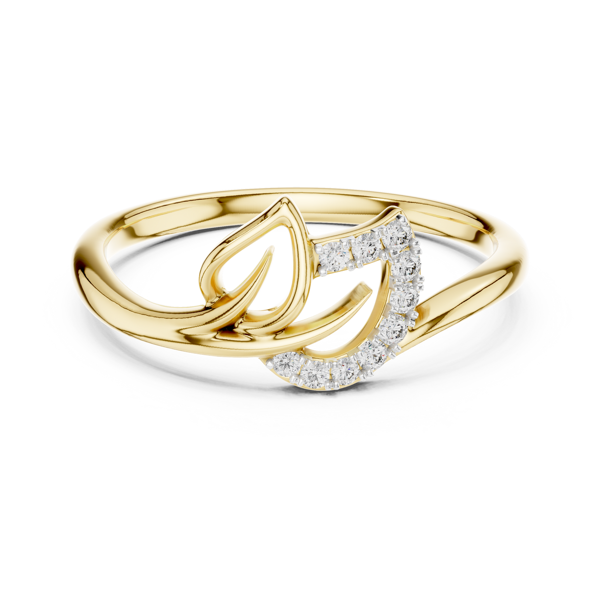 Open Leaf and Crescent Moissanite Ring in yellow 925 sterling silver, view 4