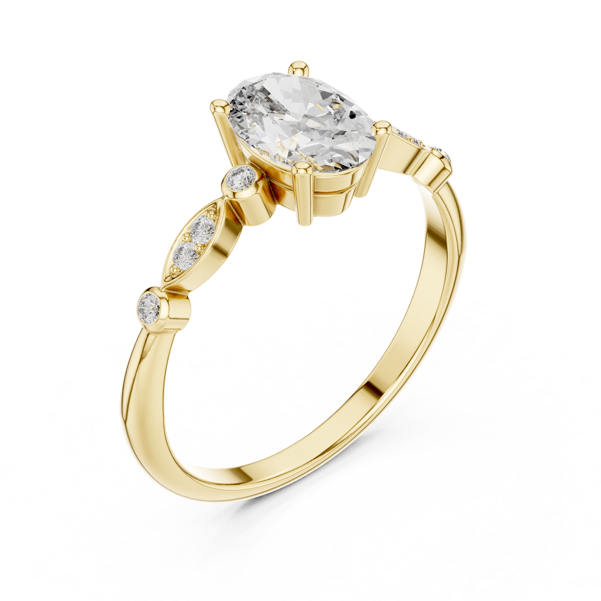Oval Moissanite Ring with Bezel and Marquise Station Accents in yellow 925 sterling silver, view 2