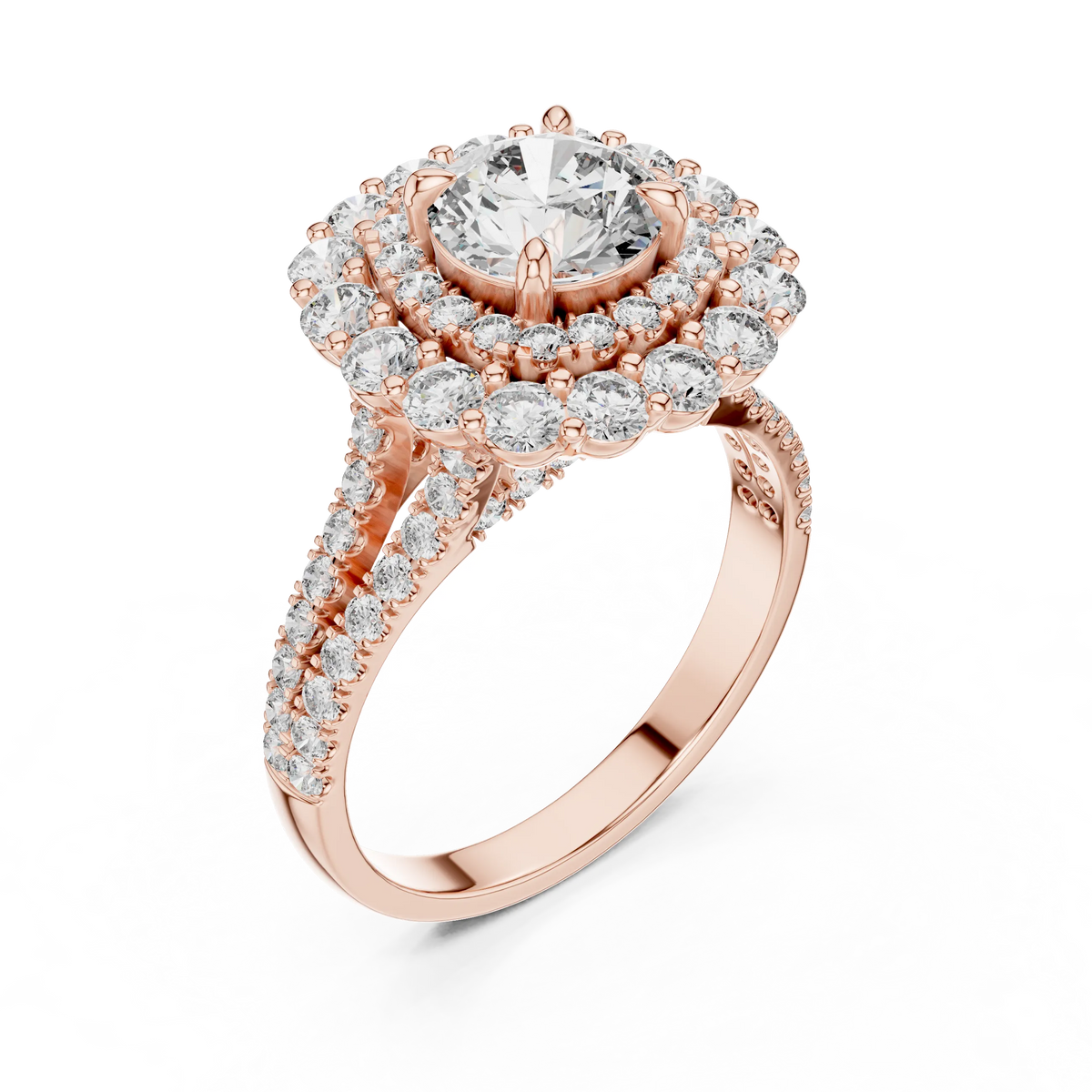 Round Cluster Halo Moissanite Engagement Ring in rose 925 sterling silver, view 2