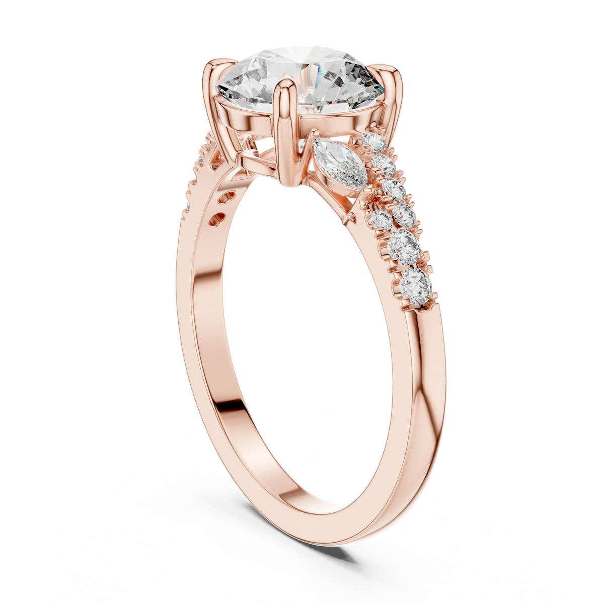 Round Moissanite Engagement Ring with Marquise Accents in rose 925 sterling silver, view 1