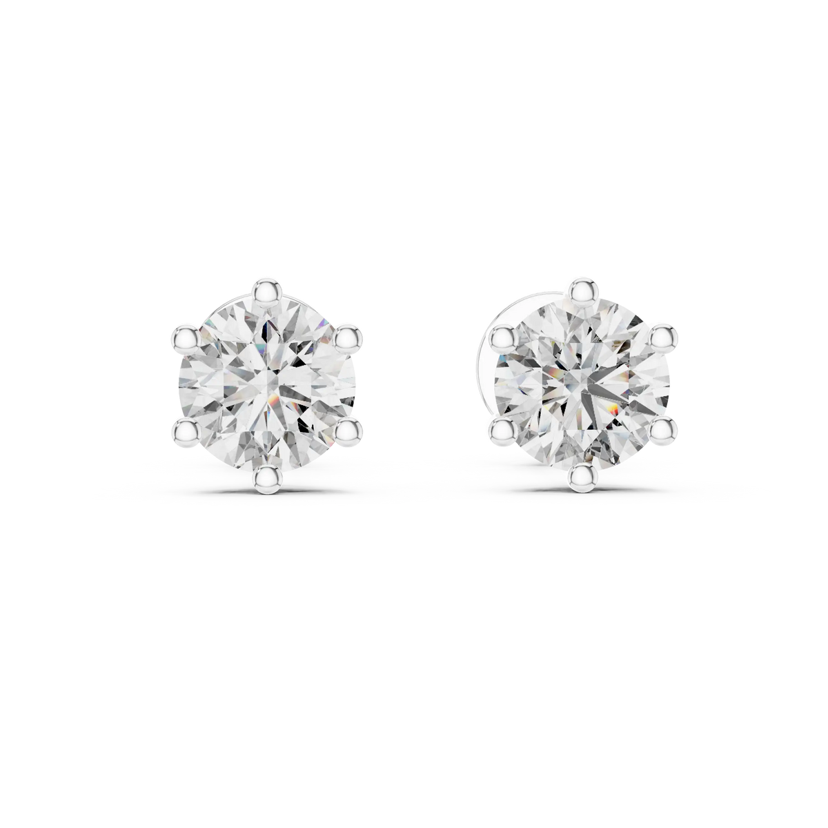 Round moissanite six-prong stud earrings in white 925 sterling silver, view 4
