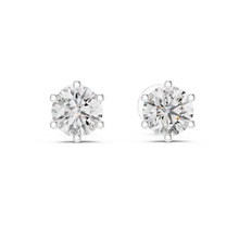 Round moissanite six-prong stud earrings in white 925 sterling silver, view 4