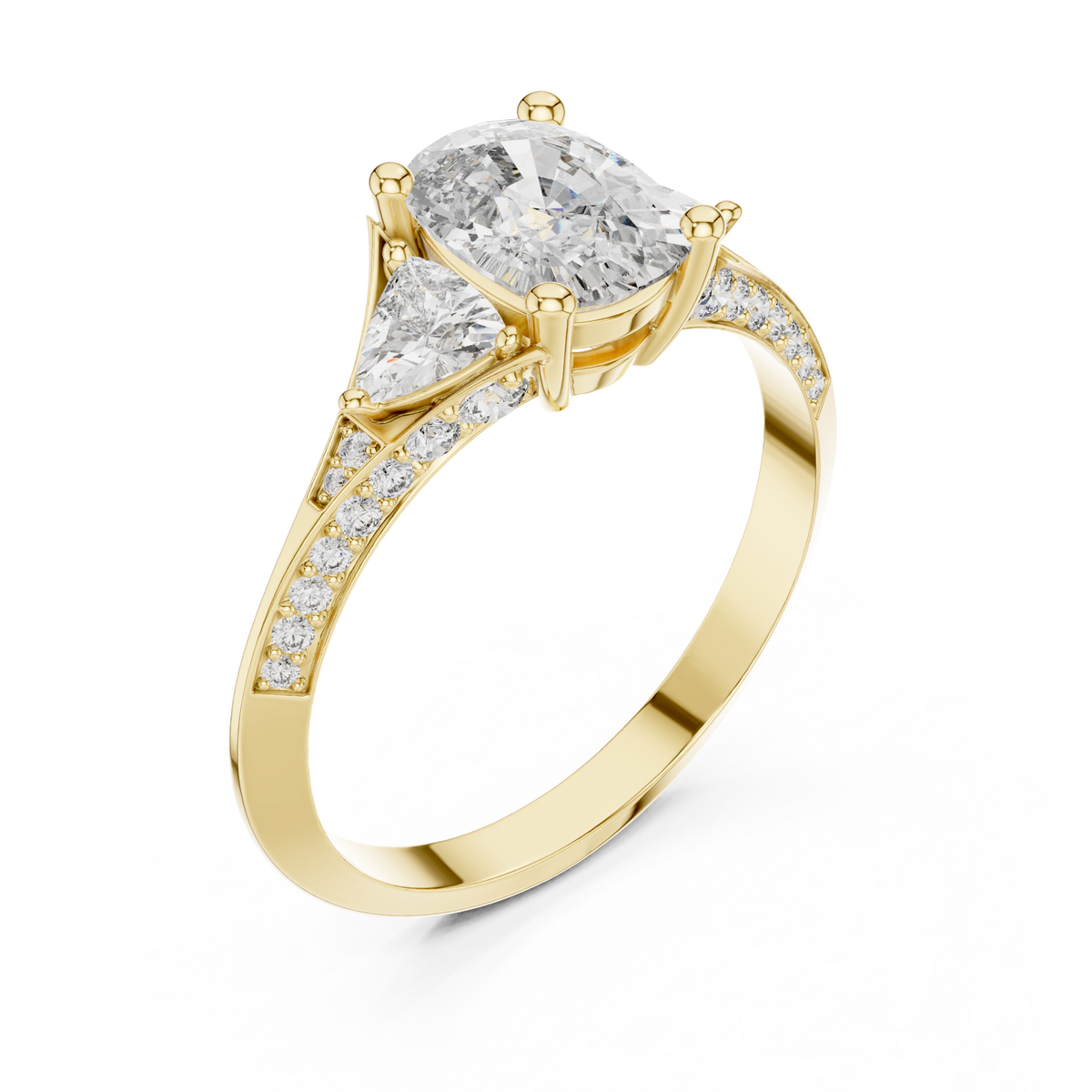 Elongated Cushion and Curved Trillion Moissanite Ring with Pavé Split Shoulders in yellow 925 sterling silver, view 2