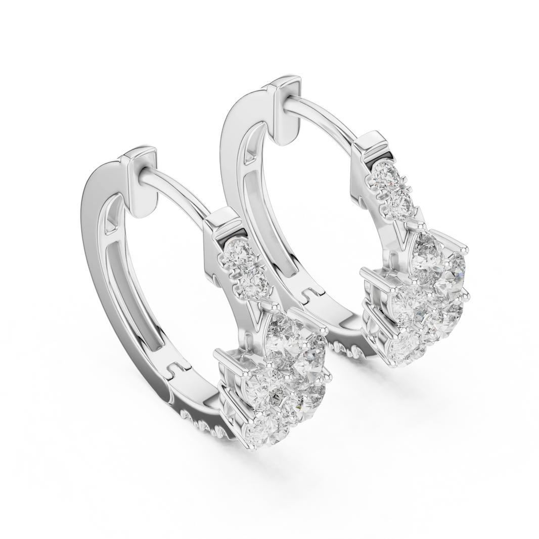 Pear moissanite cluster huggie hoop earrings in white 925 sterling silver, view 2