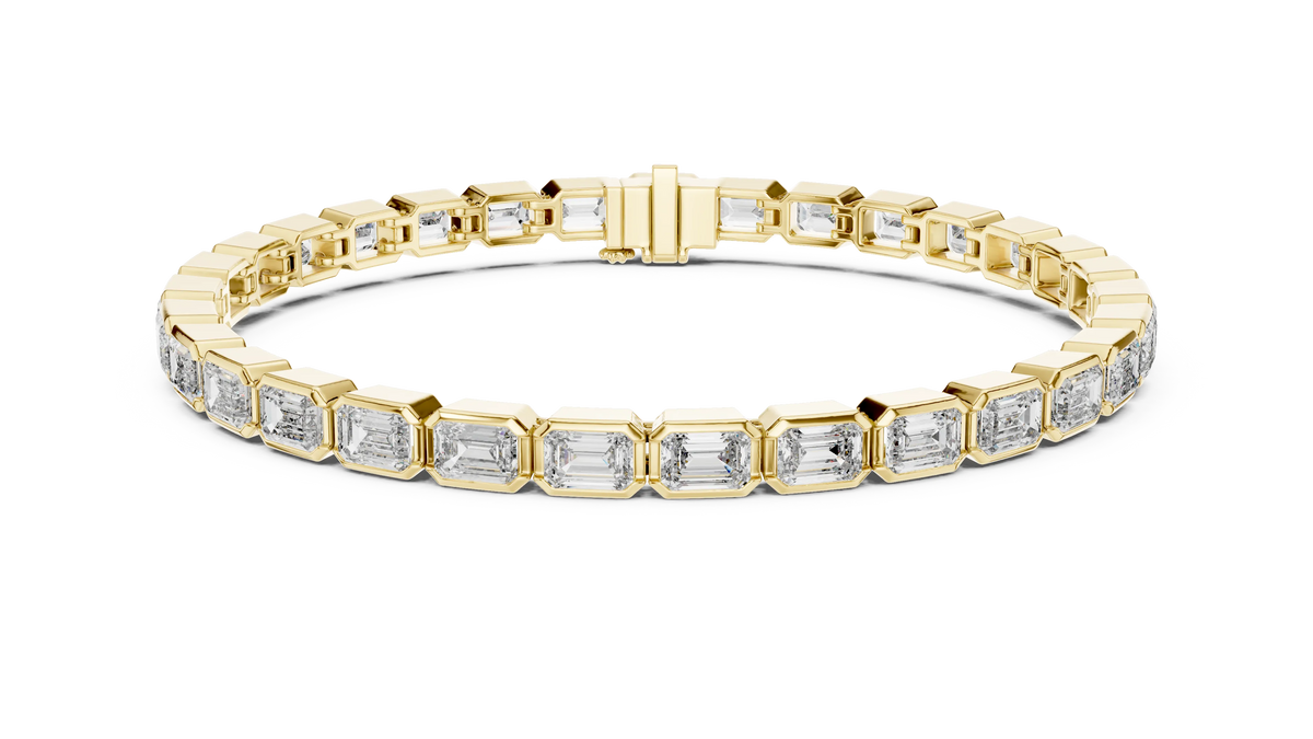 Emerald Cut Bezel Moissanite Tennis Bracelet in yellow 925 sterling silver, view 1