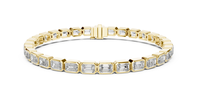 Emerald Cut Bezel Moissanite Tennis Bracelet in yellow 925 sterling silver, view 1