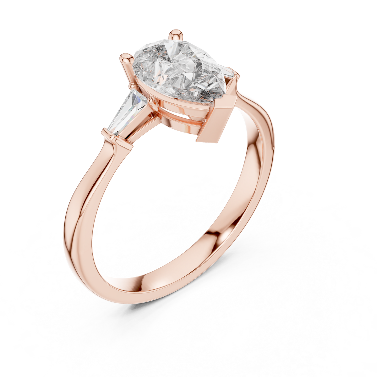 Pear Moissanite Ring with Tapered Baguette Sides in rose 925 sterling silver, view 2