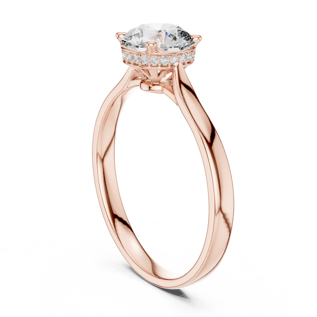 Round Hidden Halo Moissanite Solitaire Ring in rose 925 sterling silver, view 1