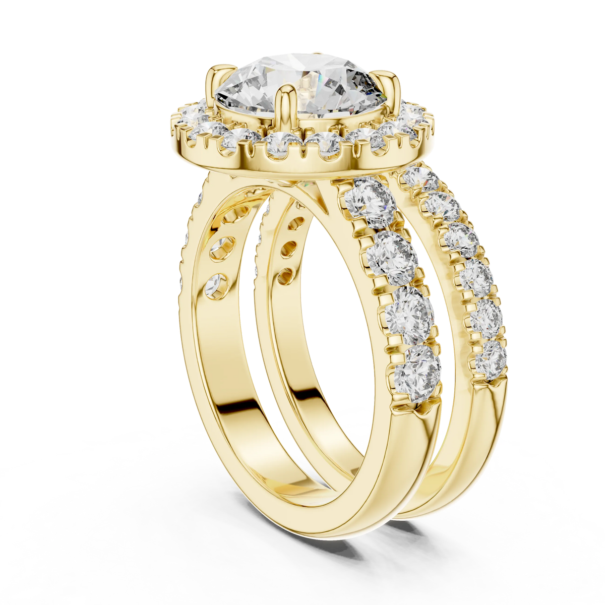 Round Halo Moissanite Double Band Ring in yellow 925 sterling silver, view 1