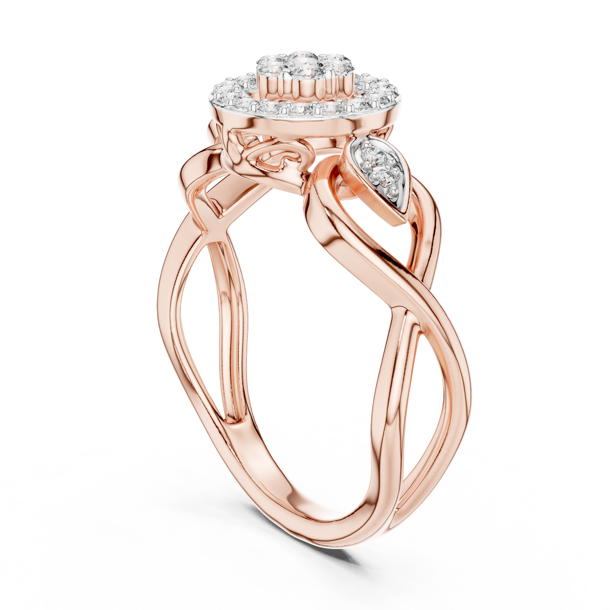 Cluster Halo Moissanite Ring with Scroll Accents in rose 925 sterling silver, view 1