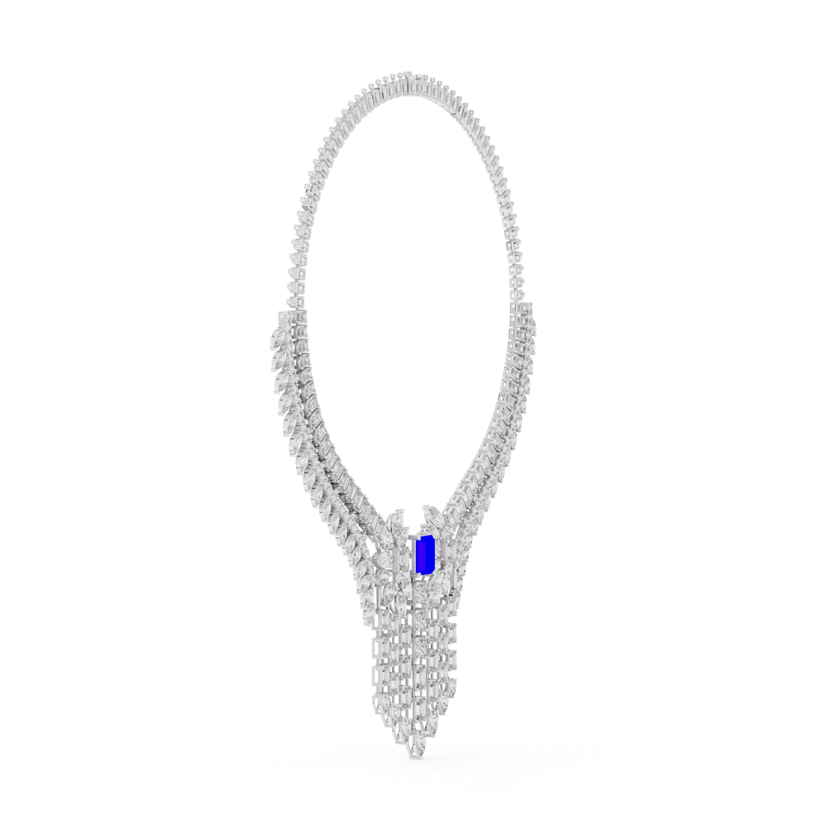 Statement Fringe Collar Necklace with Blue Centre Stone in white 925 sterling silver, view 3