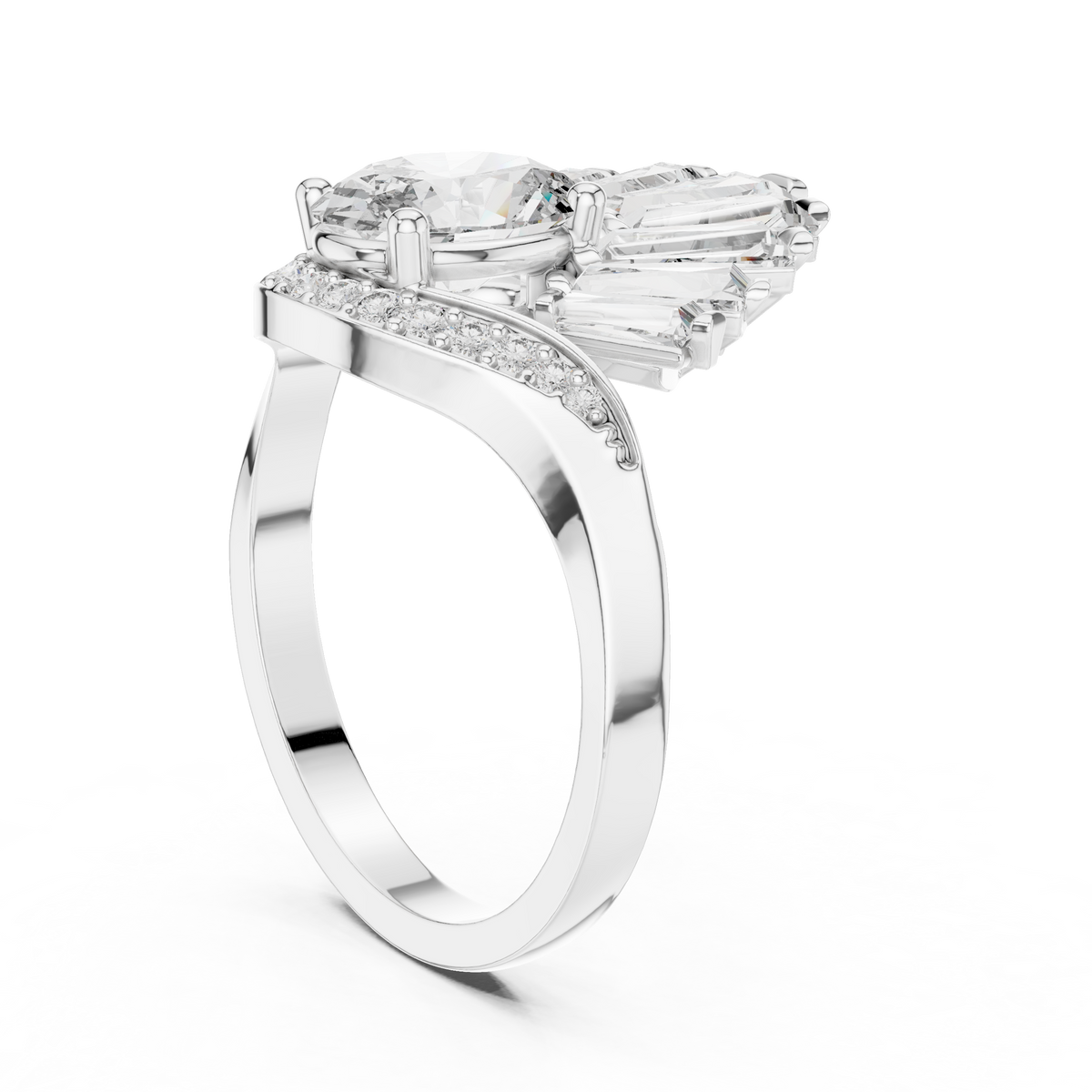 Oval Moissanite Ring with Baguette Fan Crown in white 925 sterling silver, view 1