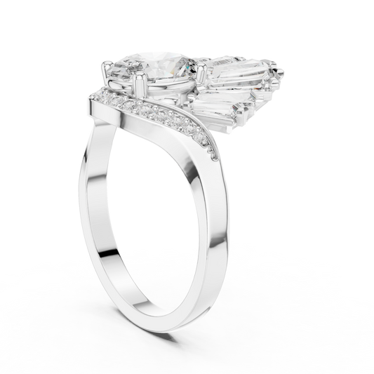 Oval Moissanite Ring with Baguette Fan Crown in white 925 sterling silver, view 1
