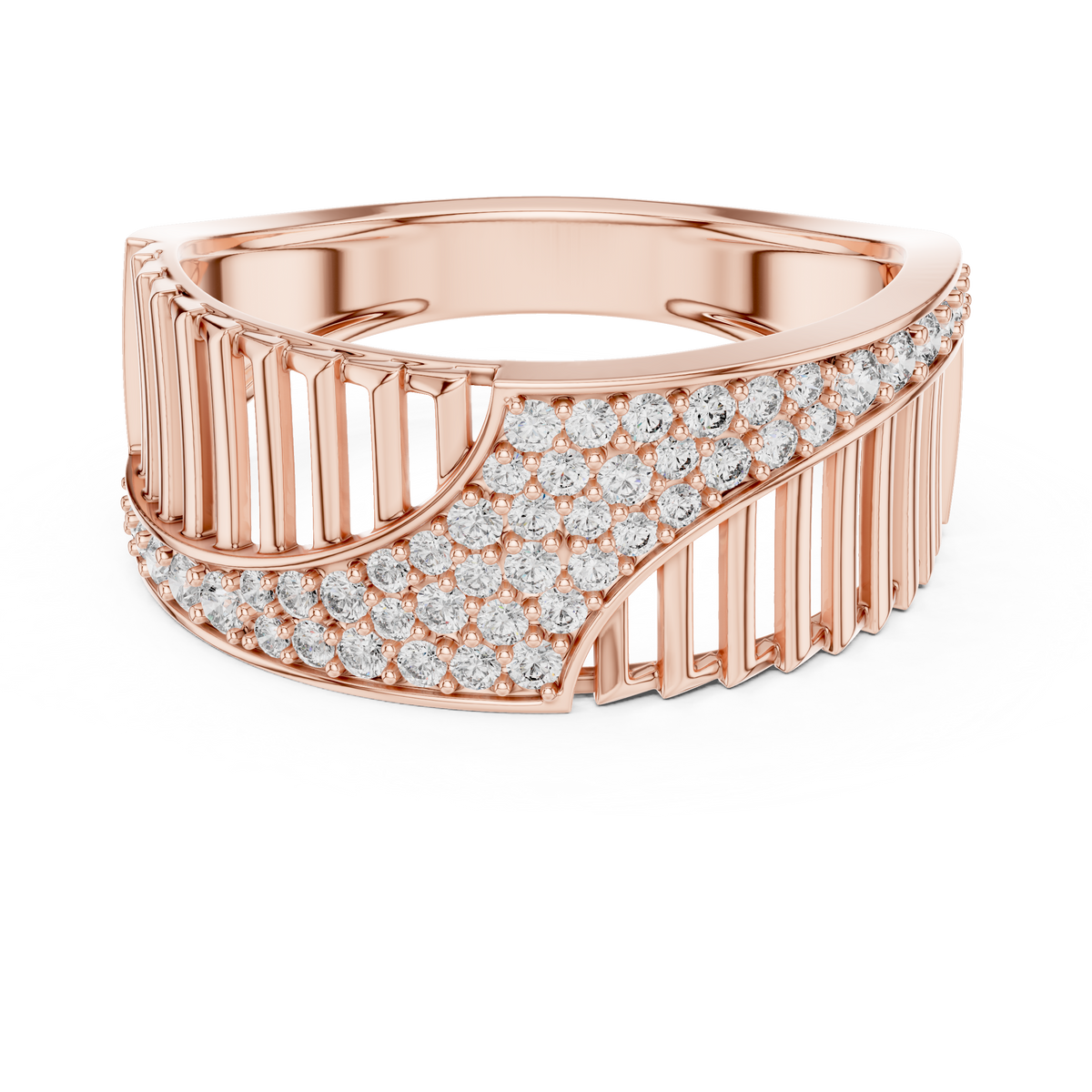 Men's Diagonal Wave Pavé and Ribbed Moissanite Band in rose 925 sterling silver, view 4