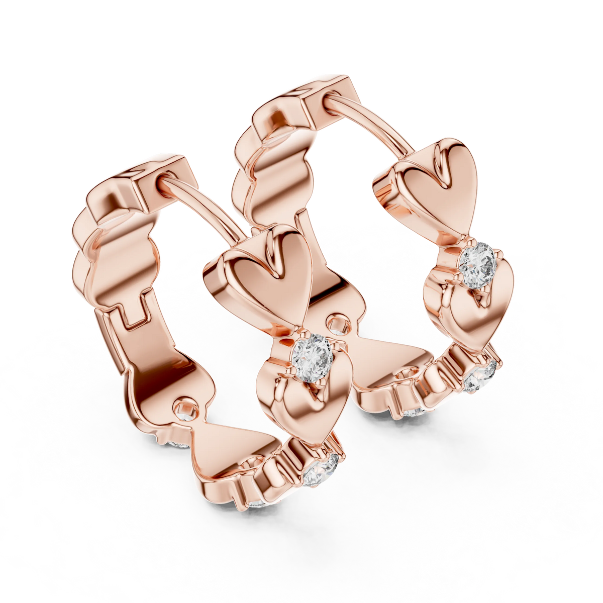 Moissanite heart huggie hoop earrings in rose 925 sterling silver, view 2