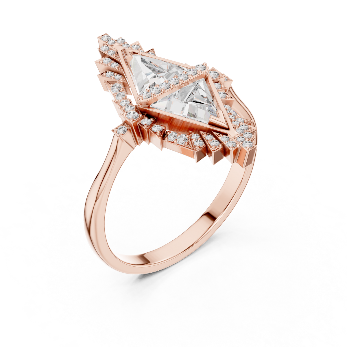 Art Deco Twin Triangle Moissanite Cocktail Ring in rose 925 sterling silver, view 2