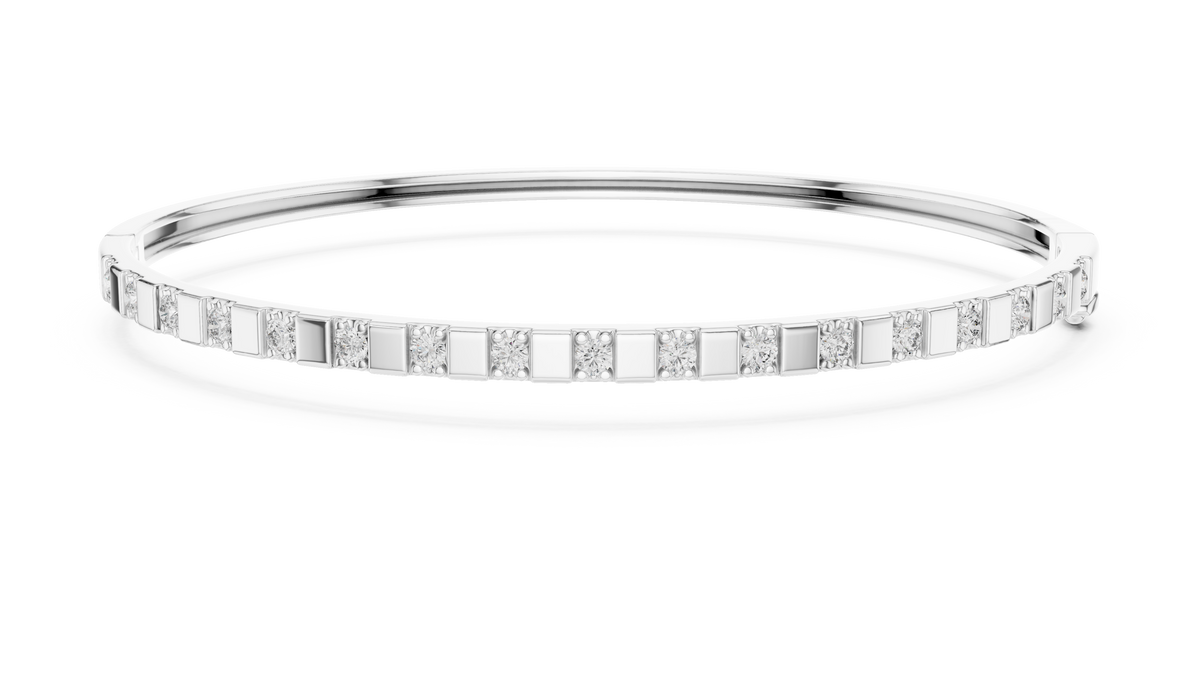 Round Moissanite Hinged Bangle in white 925 sterling silver, view 1