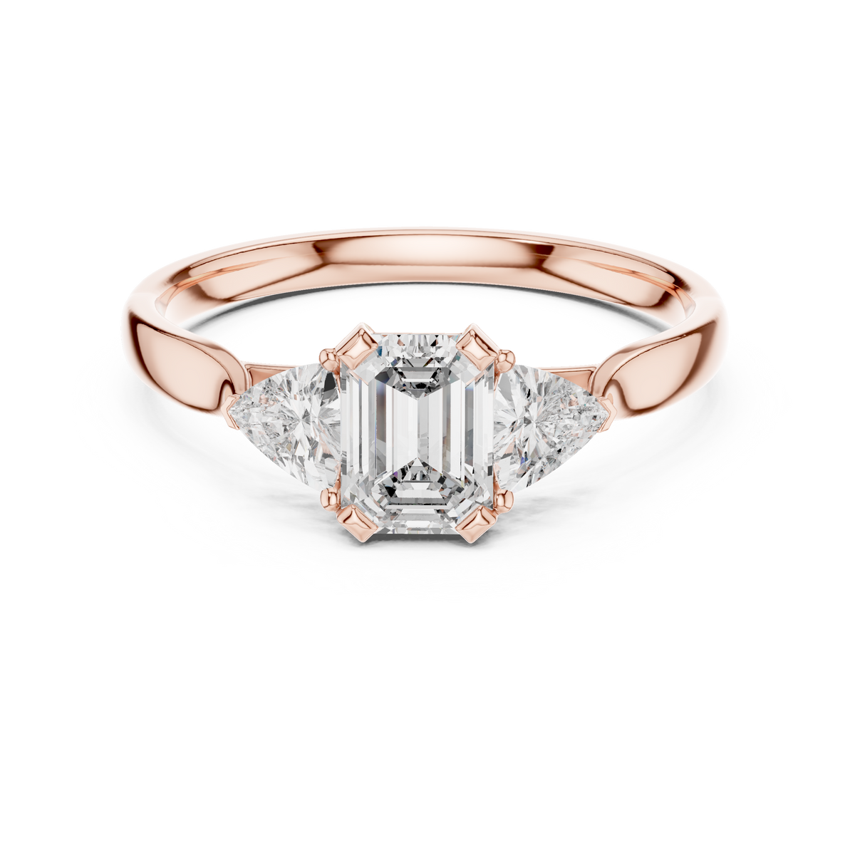 Emerald Cut and Trillion Three Stone Moissanite Ring in rose 925 sterling silver, view 4