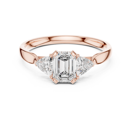 Emerald Cut and Trillion Three Stone Moissanite Ring in rose 925 sterling silver, view 4