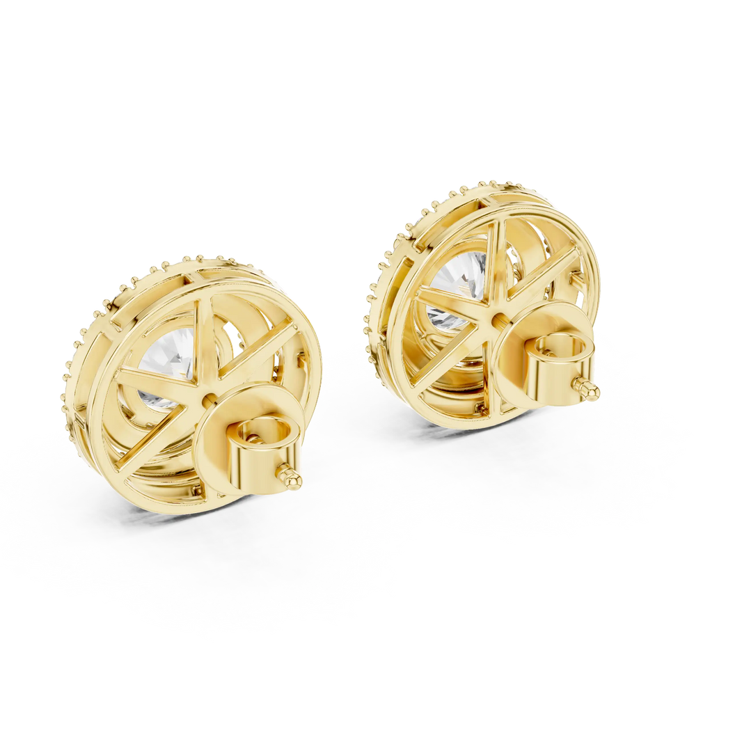 Round moissanite double halo stud earrings in yellow 925 sterling silver, view 3