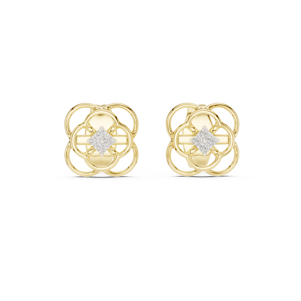 Moissanite Quatrefoil Cluster Stud Earrings in yellow 925 sterling silver, view 4