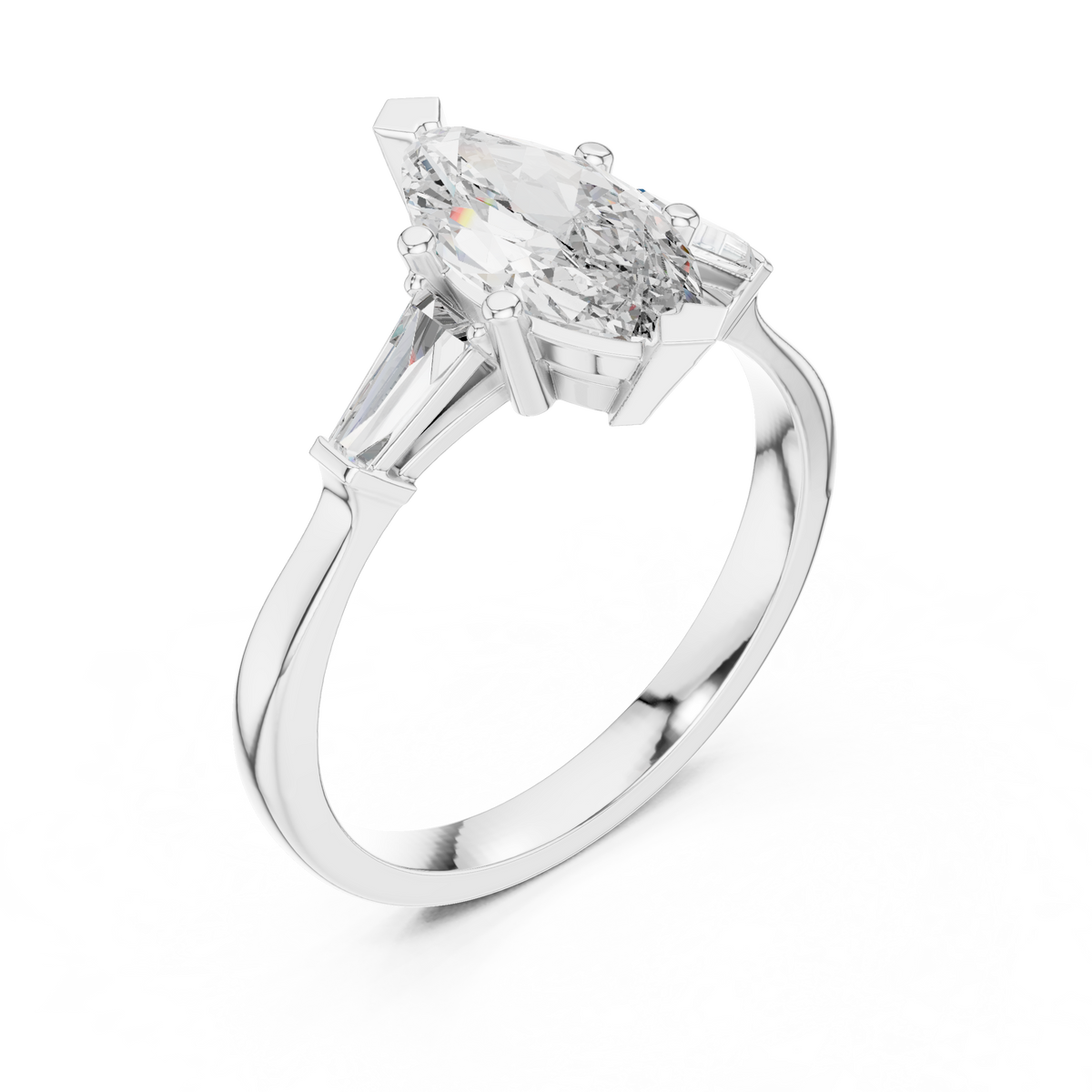 Marquise Moissanite Ring with Tapered Baguette Sides in white 925 sterling silver, view 2