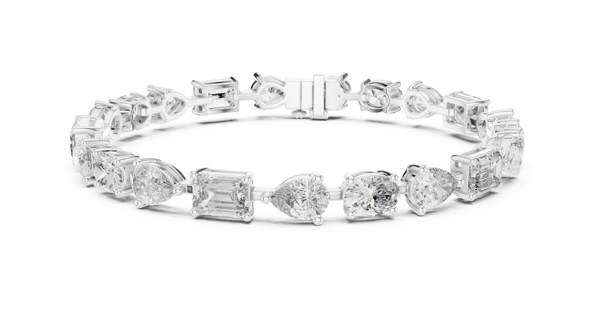 Oval Pear and Emerald Moissanite Tennis Bracelet in white 925 sterling silver, view 1