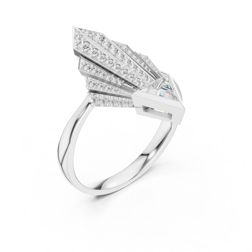 Art Deco Pavé Fan Moissanite Shield Ring in white 925 sterling silver, view 2