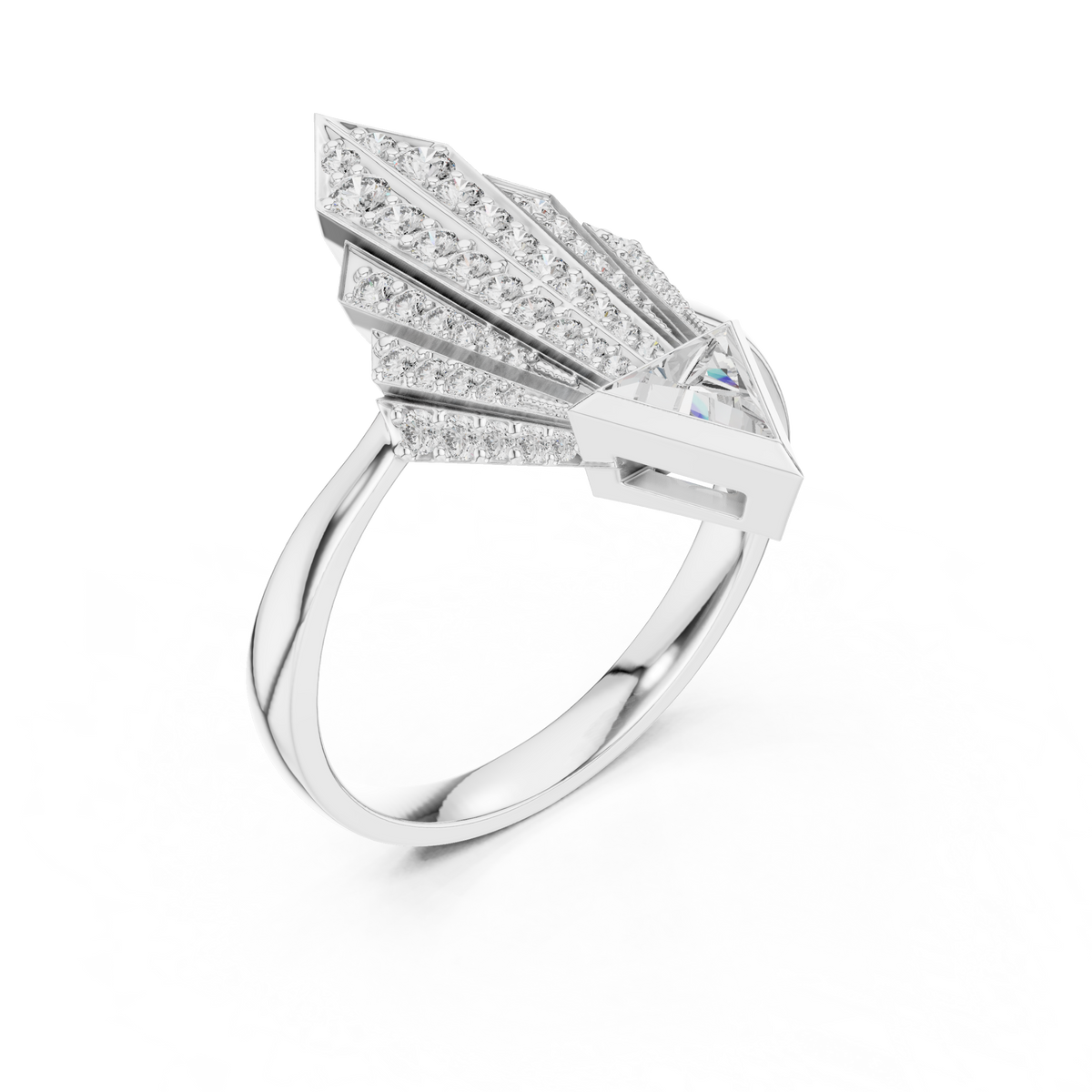 Art Deco Pavé Fan Moissanite Shield Ring in white 925 sterling silver, view 2