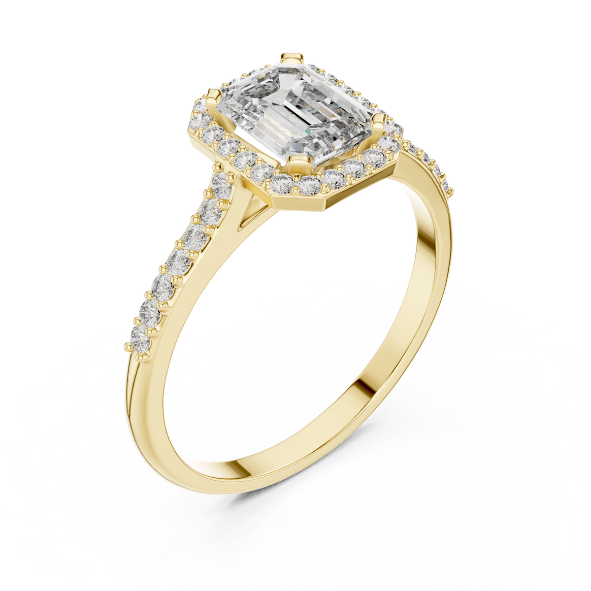 Emerald Cut Halo Moissanite Ring with Pavé Shoulders in yellow 925 sterling silver, view 2