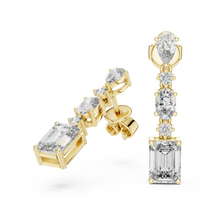 Emerald pear and oval moissanite drop earrings in yellow 925 sterling silver, view 1
