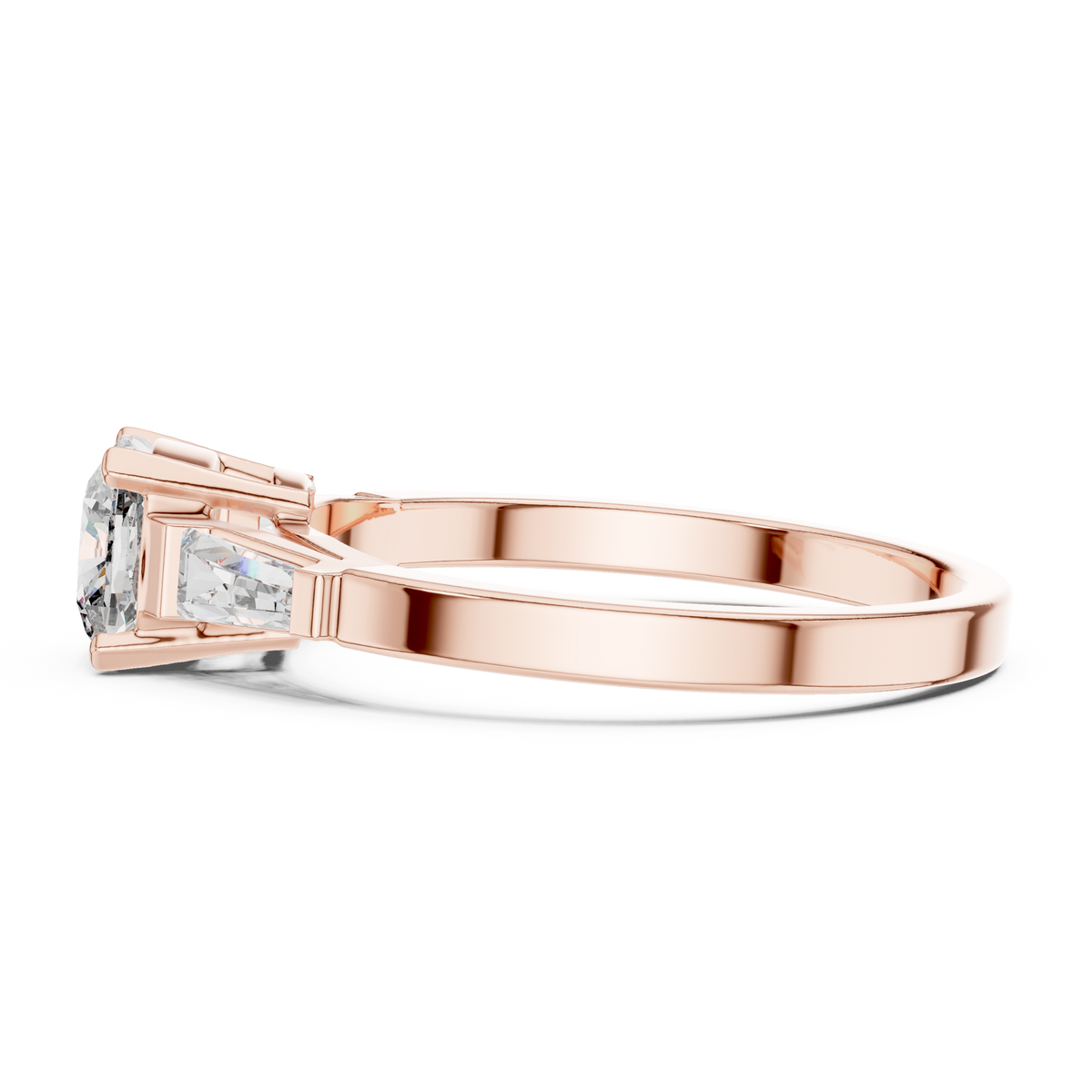 Cushion Cut Moissanite Ring with Tapered Baguette Sides in rose 925 sterling silver, view 3