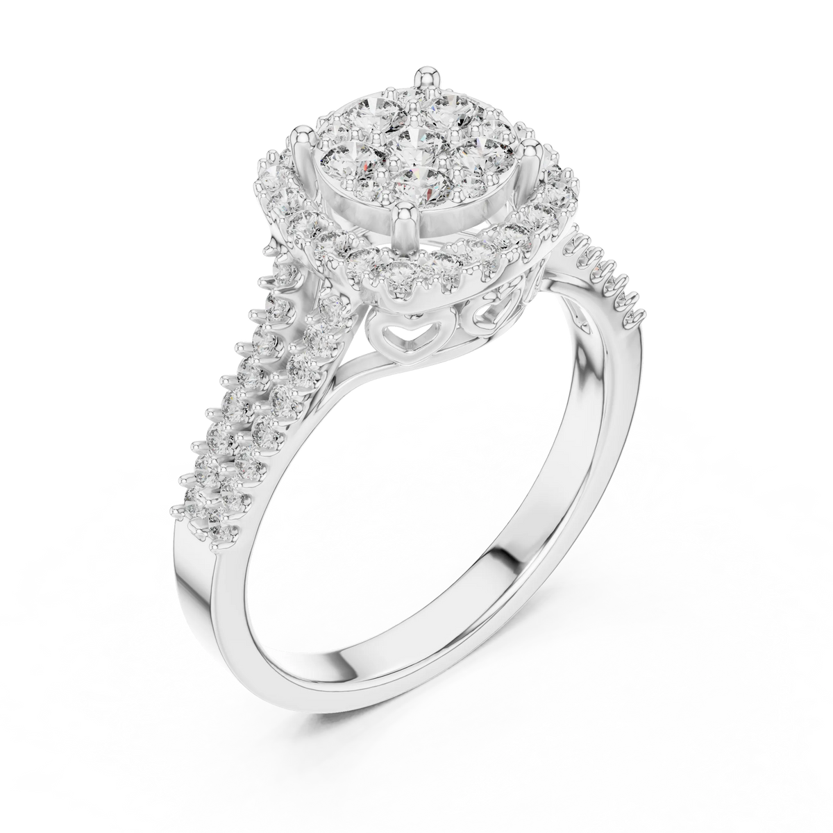 Round Cluster Halo Moissanite Ring with Split Pavé Shank in white 925 sterling silver, view 2