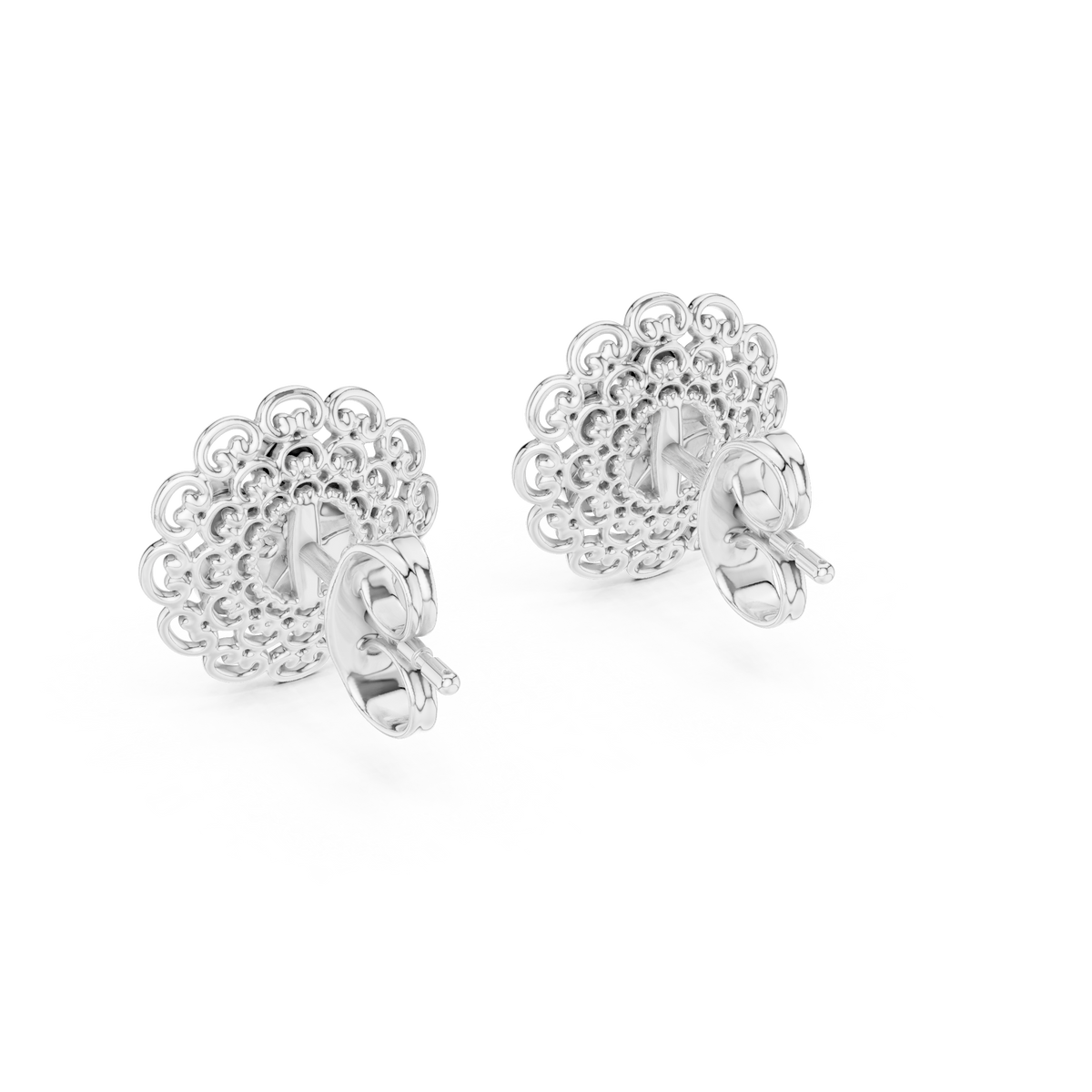 Moissanite Lace Medallion Stud Earrings in white 925 sterling silver, view 3