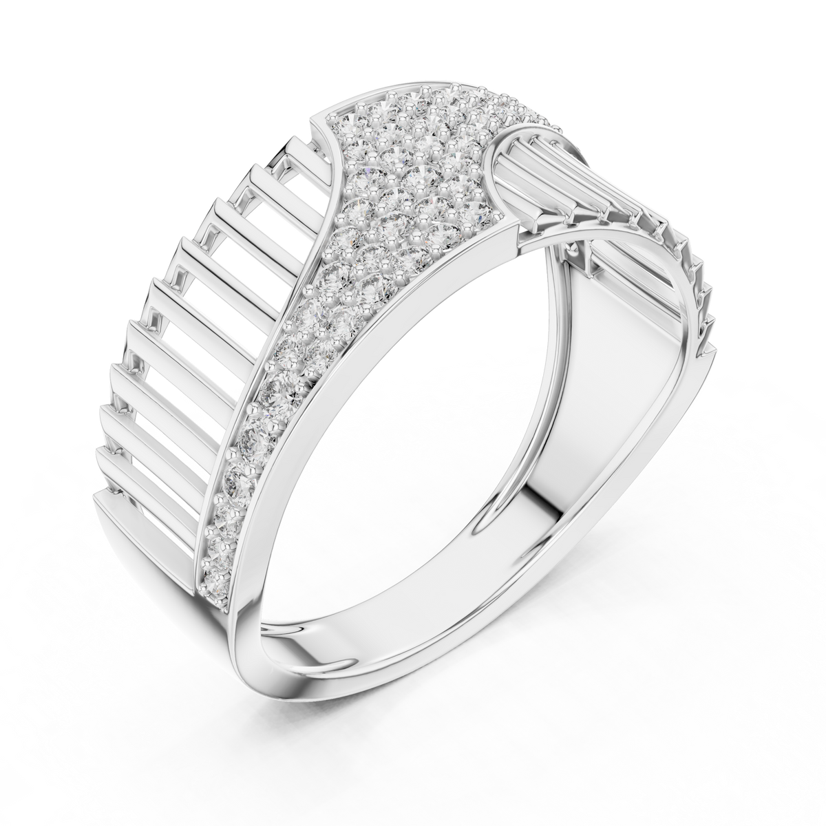 Men's Diagonal Wave Pavé and Ribbed Moissanite Band in white 925 sterling silver, view 2