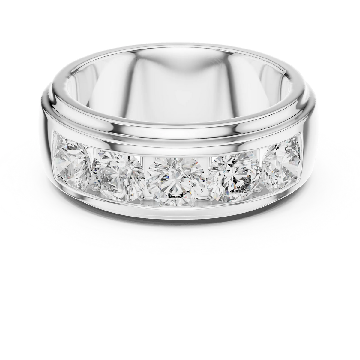 Five Stone Channel Set Moissanite Wide Band in white 925 sterling silver, view 4