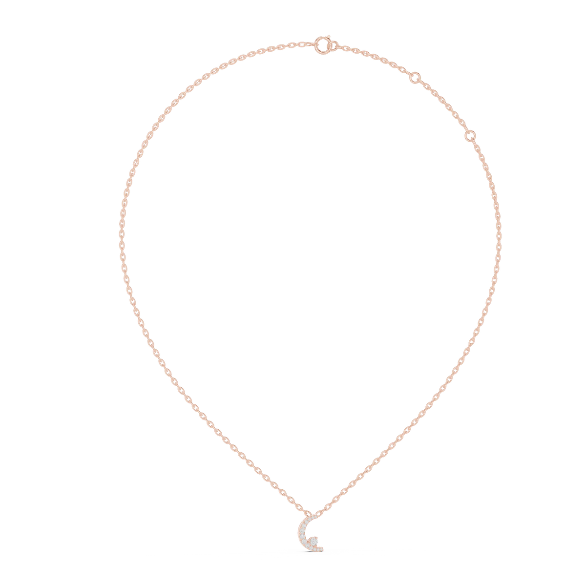 Pavé Crescent Moon Moissanite Pendant in rose 925 sterling silver, view 1