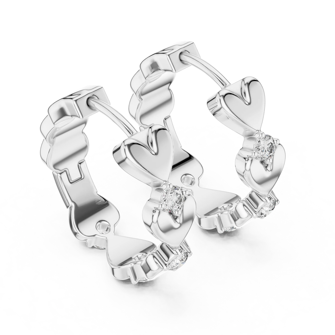 Moissanite heart huggie hoop earrings in white 925 sterling silver, view 2