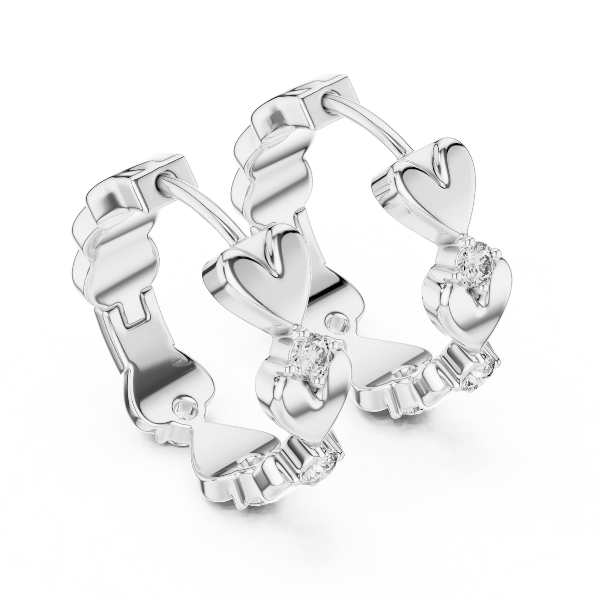 Moissanite heart huggie hoop earrings in white 925 sterling silver, view 2