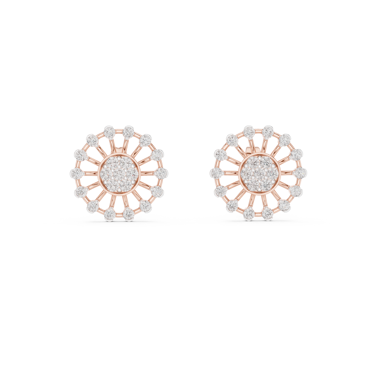 Moissanite Wheel Cluster Stud Earrings in rose 925 sterling silver, view 4