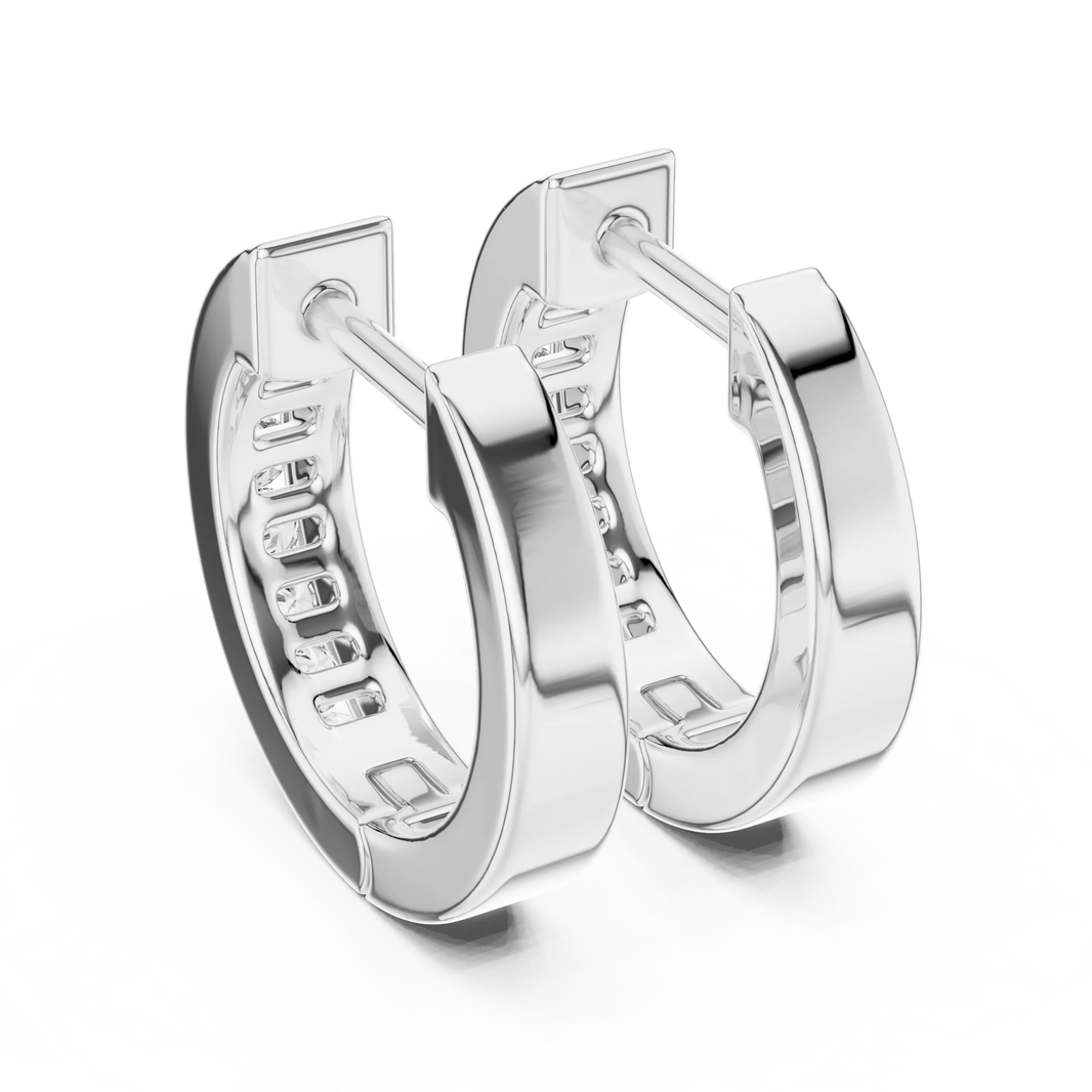 Moissanite channel set huggie earrings in white 925 sterling silver, view 3