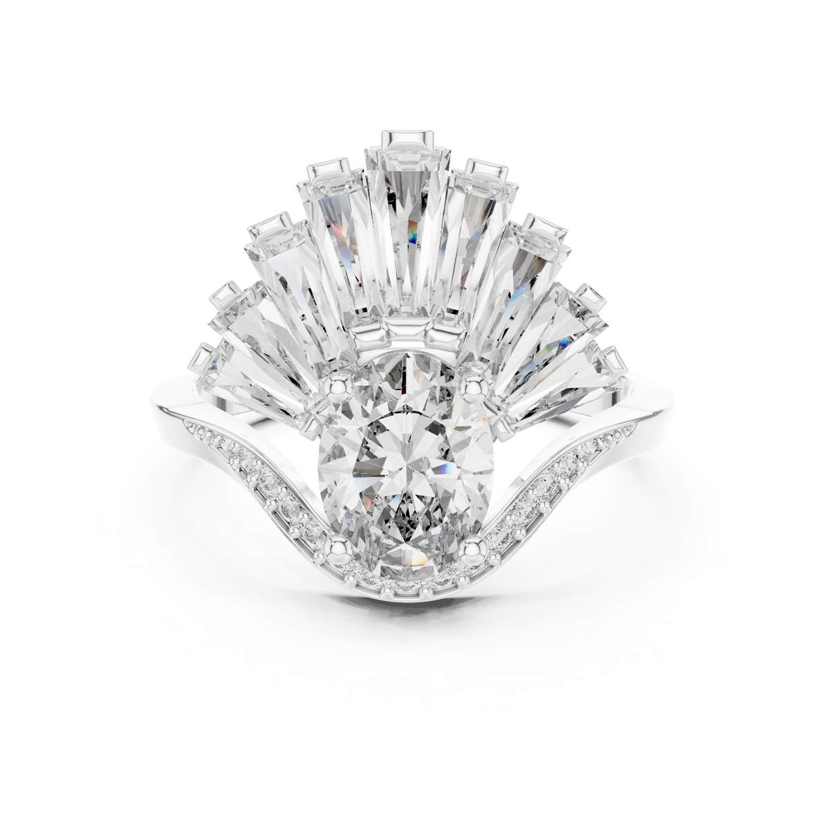 Oval Moissanite Ring with Baguette Fan Crown in white 925 sterling silver, view 4