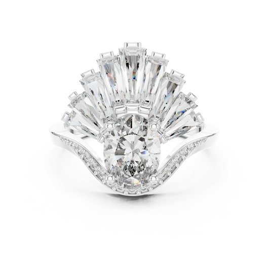 Oval Moissanite Ring with Baguette Fan Crown in white 925 sterling silver, view 4
