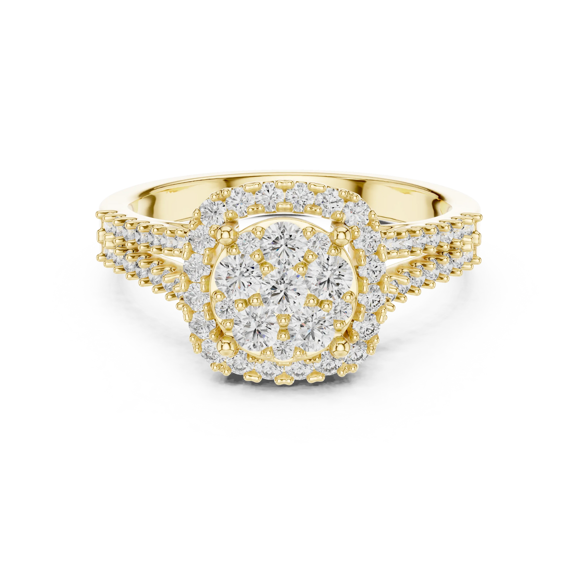 Round Cluster Halo Moissanite Ring with Split Pavé Shank in yellow 925 sterling silver, view 4